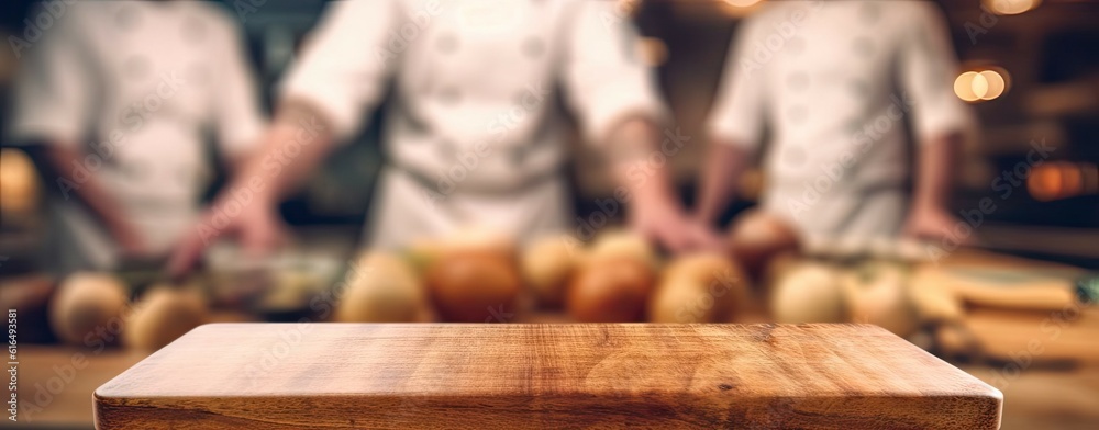 Sticker wooden table on blur chefs cooking in the kitchen background in restaurant