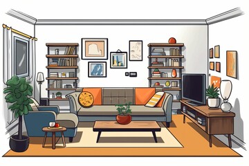 salon avec canapé et étagères, décor dessin sur fond blanc façon BD, illustration ia générative