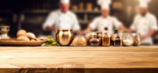 Fototapeta na wymiar Wooden table on blur chefs cooking in the kitchen background in Restaurant
