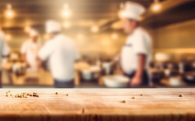 Wooden table on blur chefs cooking in the kitchen background in Restaurant