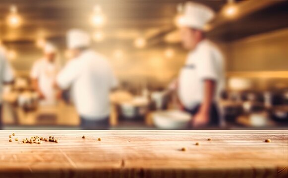 Wooden table on blur chefs cooking in the kitchen background in Restaurant