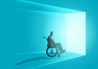 Business concept vector illustration of a businessman in wheelchair moving into bright door, opportunity, affirmation concept