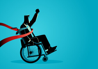 Vector illustration of businessman in wheelchair crossing finish line