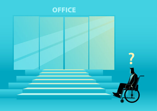 Businessman in a wheelchair was confused about how to enter the office because there are no special ramps for disability people, office disability-friendly, building facilities for disability, vector 