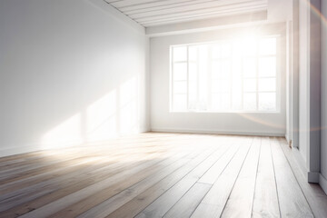 Empty room with wooden floor and sunlight. Created using generative AI tools