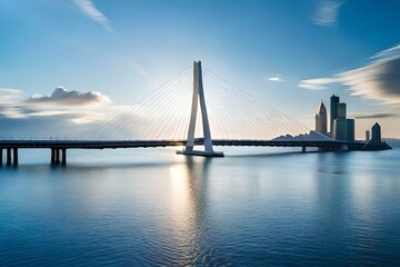A modern cable-stayed bridge, gracefully spanning over the deep blue sea, with sailboats passing beneath and seagulls soaring in the sky.