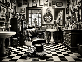 quiet morning at the barbershop, vintage barber chair on black and white checkered floor, professional hair salon interior, generative AI