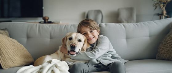 cheerful young boy hugging beloved pet dog at home on the couch, best friend, friendship concept, Generative AI