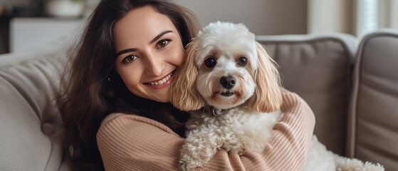 cheerful woman hugging beloved pet dog at home on the couch, best friend, friendship concept, Generative AI