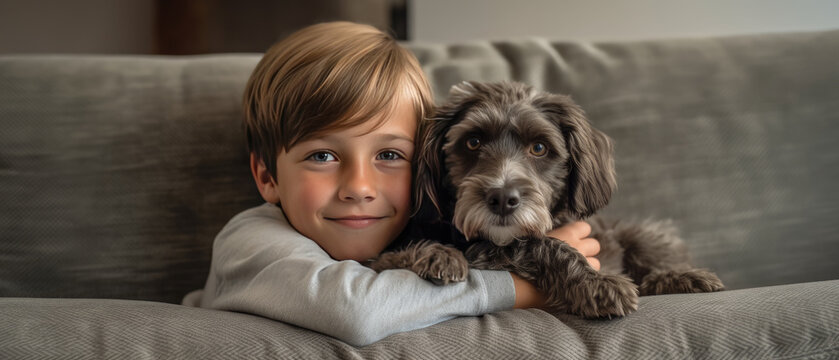 cheerful young boy hugging beloved pet dog at home on the couch, best friend, friendship concept, Generative AI