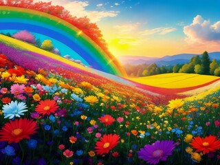 Fototapeta na wymiar Field of flowers and rainbow - Generative AI