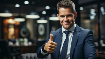 a businessman in a suit and tie looks into the camera and positively raises his thumb, generative AI