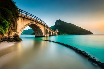 An iconic bridge with intricate architecture, spanning over a vibrant coral reef and showcasing the diversity of marine life beneath the clear sea.