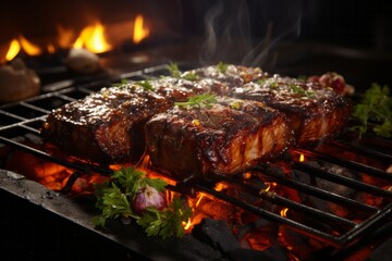 Illustration of a sizzling steak being grilled over an open flame created with Generative AI technology