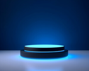 blue round podium with blue lighting on pedestal surface. simple and modern podium 3d design. blue background wall and white floor.