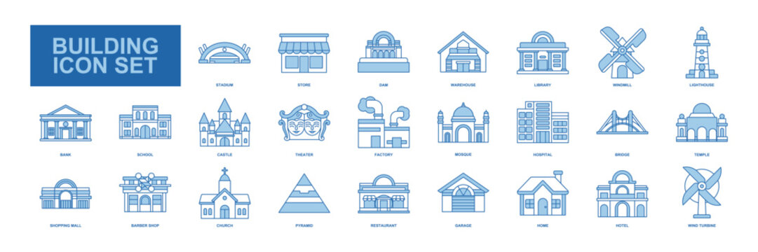 This Building Set Icon Vector Illustrates Various Structures Like Homes, Factories, Schools, Mosques, Hospitals, And More, Depicted With Detailed And Clear Imagery