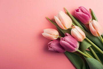 Beautiful bouquet of colorful tulip flowers on pink background, top view, Space for text generative AI technology