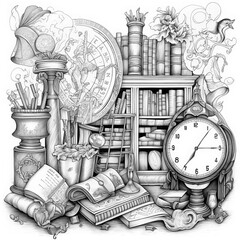 Hand drawn vintage fairy tale library with alarm clock ink drawing. Abstract illustration in surrealism style with pencil sketch. Generative AI