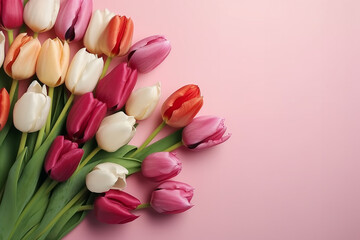 Beautiful bouquet of colorful tulip flowers on pink background, top view, Space for text generative AI technology