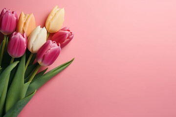 Beautiful bouquet of colorful tulip flowers on pink background, top view, Space for text generative AI technology
