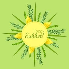 Template greeting card holiday Sukkot with palm leaves, lemon and circle frame. Feast of Tabernacles or Festival of Ingathering. Traditional Jewish religious symbols: etrog, lulav, hadas, arava