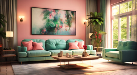 a living room with pink furniture and decorative pillows