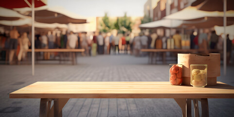 Outdoor local market stall, craft fair, farmers market empty table for product display. 