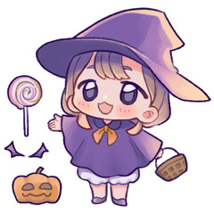 魔女の仮装をした女の子のミニキャライラスト
