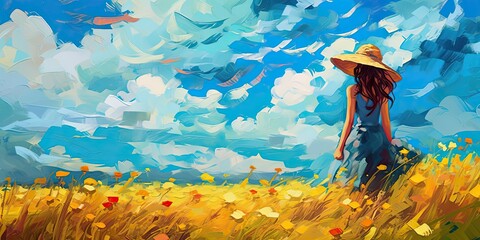 Anime impressionism with this stunning artwork. A picturesque grassy field comes to life with vibrant hues and a woman adorned with a straw hat.