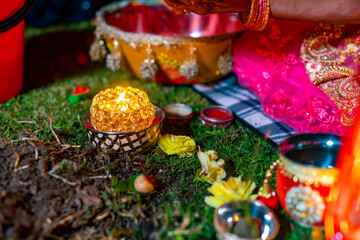 Indian Hindu wedding ritual items close up