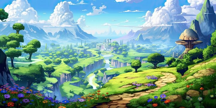 Artwork og spring anime fields and mountain landscape 