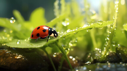 Obraz premium Ladybug sits on grass covered with dew drops, front view.