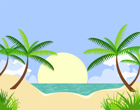 beach landscape atmosphere illustration. Palm trees on the beach illustration. cartoon summer beach illustration.
