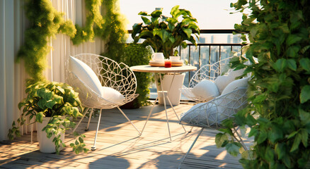 a balcony scene with a chair, planter and tables