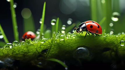 Obraz premium Ladybug sits on grass covered with dew drops, front view.
