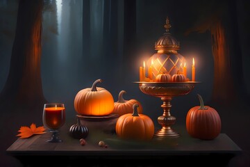 witchcraft, halloween holiday, halloween pumpkins, altar for halloween, witchcraft on an altar during halloween, altar full of pumpkins, by generative ai