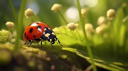 Obraz premium Ladybug sits on grass covered with dew drops, front view.