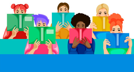 vector illustration of diverse girls with books