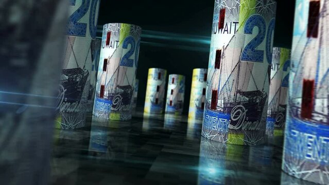 Kuwait money Kuwaiti Dinar rolls loop 3d animation. Money on the table. Seamless and loopable abstract concept of economy, finance, business and recession. Camera between KWD rolled banknotes.