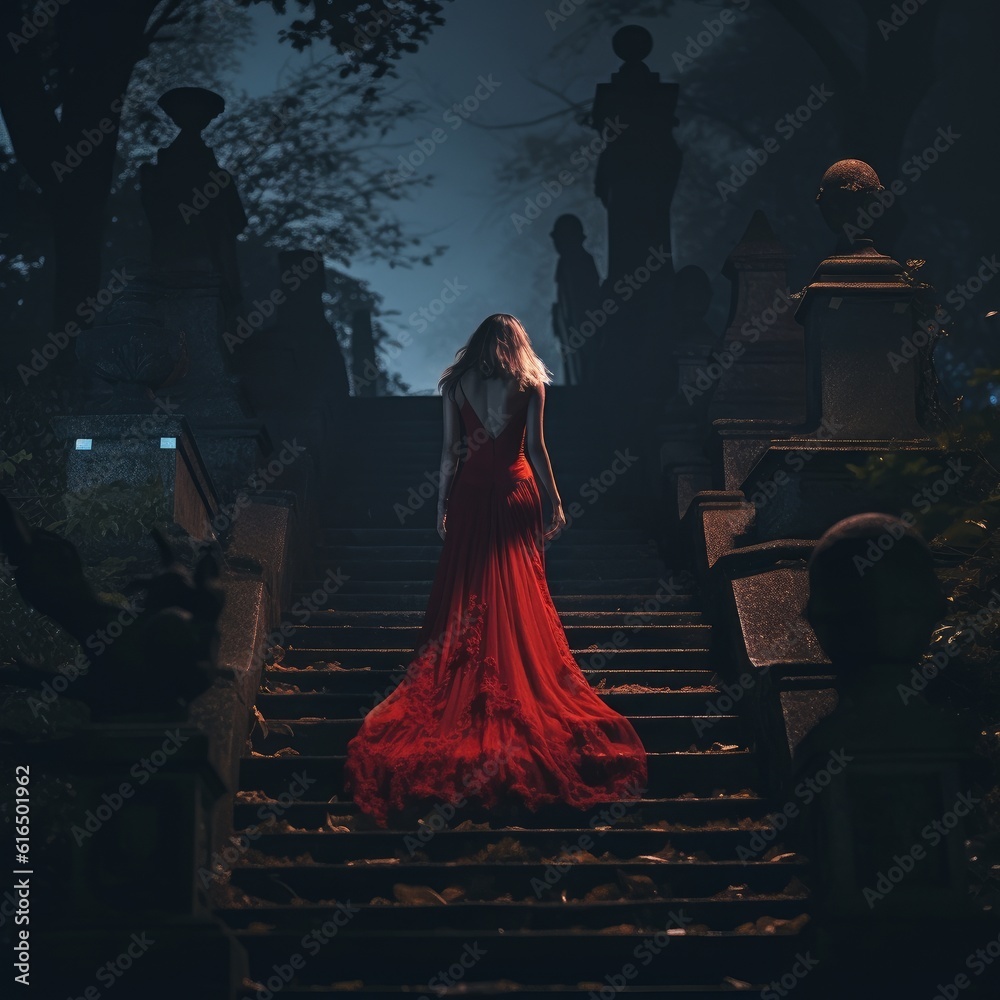 Sticker vampire woman in a red dress in a cemetery