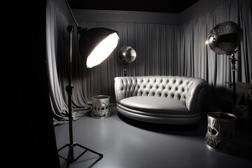 Minimalist Studio Interior with Luxurious Black Sofa: Elegant and Contemporary Furniture for Home and Office Decor