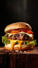 Cheese burger in dark background studio light, with copy space