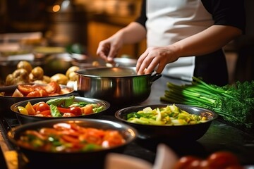 Chef's Hand Artfully Preparing a Gourmet Dish, a Captivating Image of Precision and Creativity in the Culinary World - obrazy, fototapety, plakaty