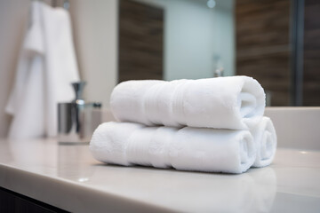 Clean towels on bathroom marble table, Generative AI