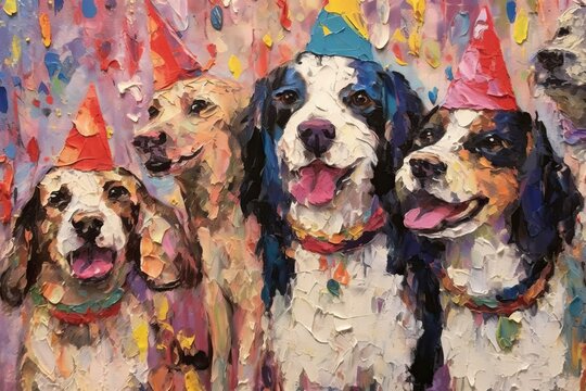 Dog party thick impasto painting, pet lover (Ai generated)