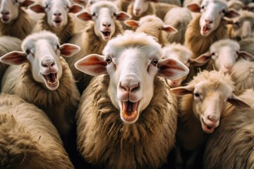 a herd of sheep bursts into laughter - obrazy, fototapety, plakaty