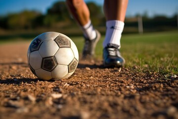 Fototapeta premium Football player dribbling, focus leg (Ai generated)