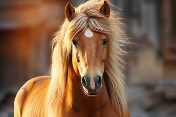Close-up portrait of a brown horse or mare with a blonde mane at sunset. - obrazy, fototapety, plakaty