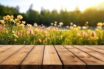 Wooden floor with flower field beautiful nature background (Ai generated)