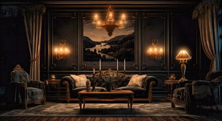 a black living room with a golden chandelier